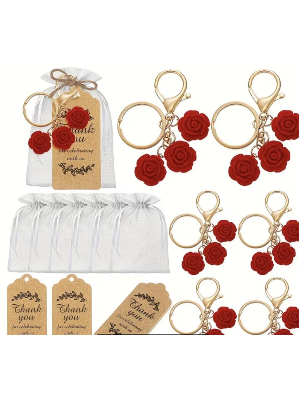 18 Gold Rose Flower Keychain Favors with Organza Gift Bags and Thank You Tags